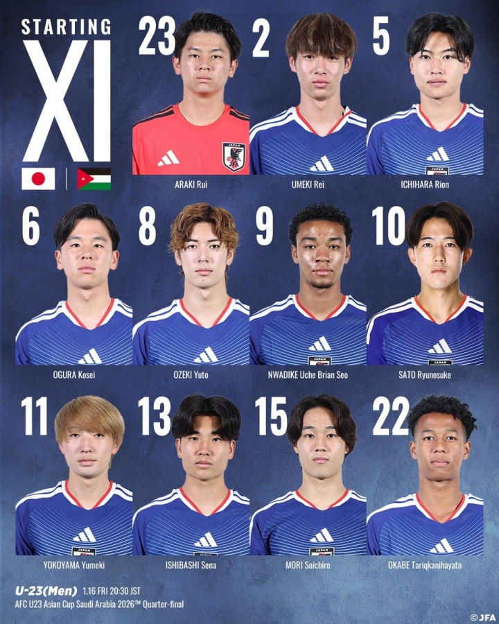 华体会体育hth-U23亚洲杯淘汰赛日本vs约旦首发：佐藤龙之介、大关友翔出战